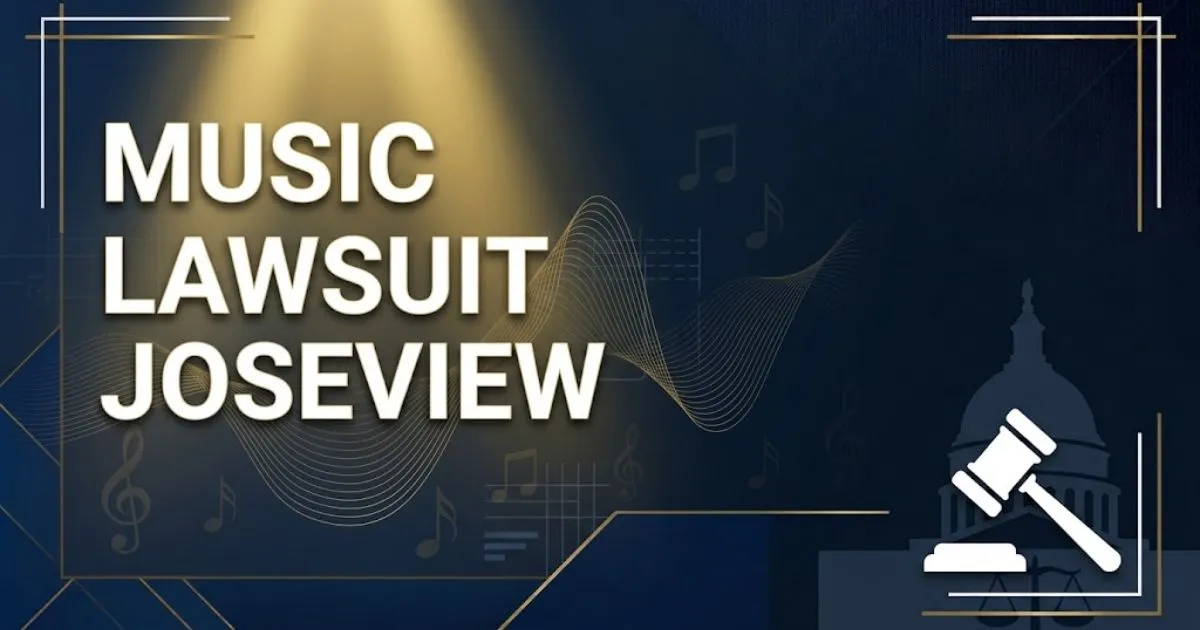 Music lawsuit Joseview 2026 hero banner with gavel and soundwave icons on navy gold background.