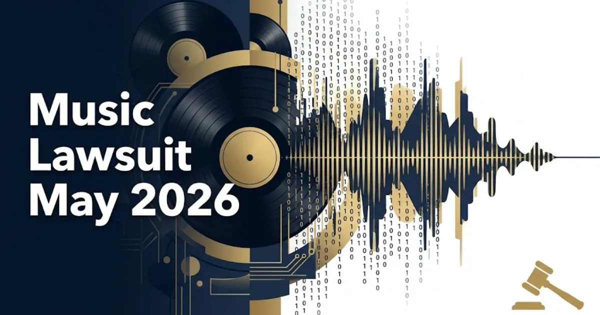 Music lawsuit May 2026 hero banner with gavel silhouette and digital sound waves in navy and gold