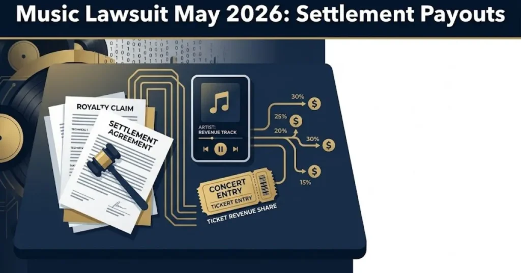 Music lawsuit May 2026 settlement payouts graphic with legal documents and streaming icons in navy and gold