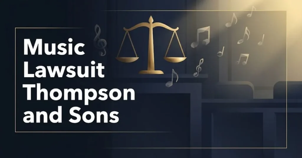 Music lawsuit Thompson and Sons hero banner with golden scales of justice and musical notes on dark navy background