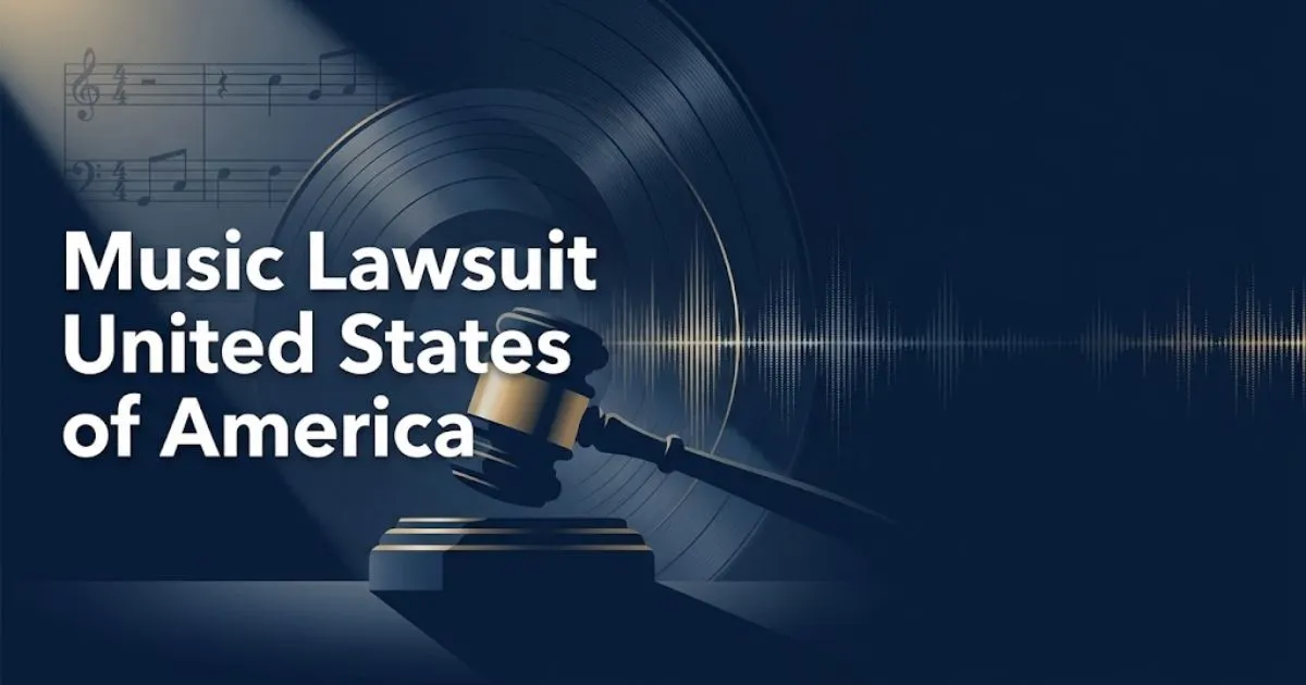 Music lawsuit United States of America hero banner with gavel and sound wave graphics on navy background