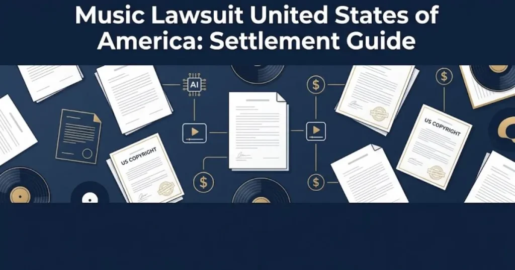 Music lawsuit United States of America settlement guide graphic with legal documents and music icons