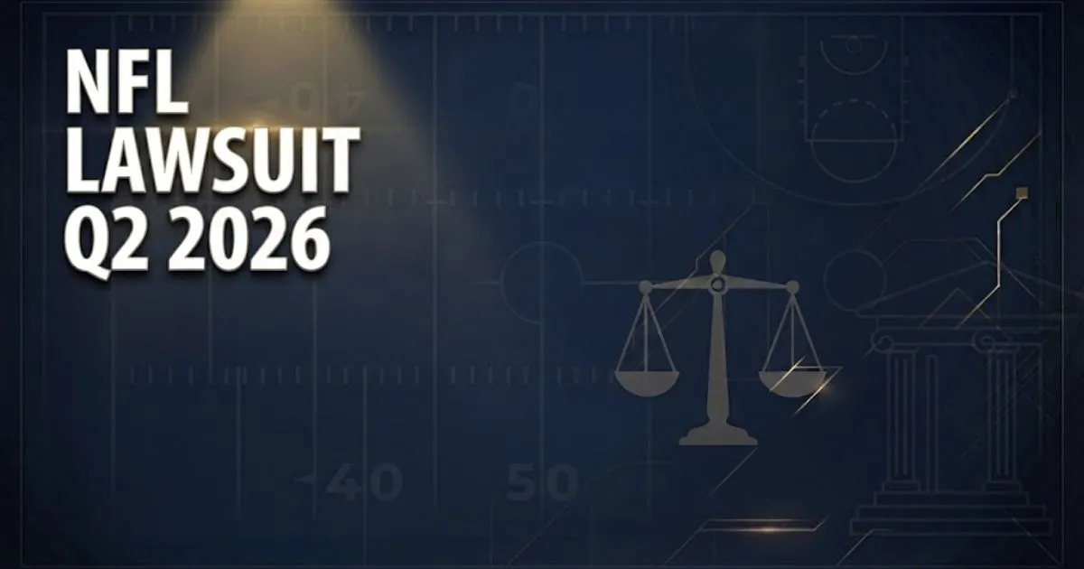 NFL Lawsuit Q2 2026 hero banner with football field and legal scales graphic in navy and gold