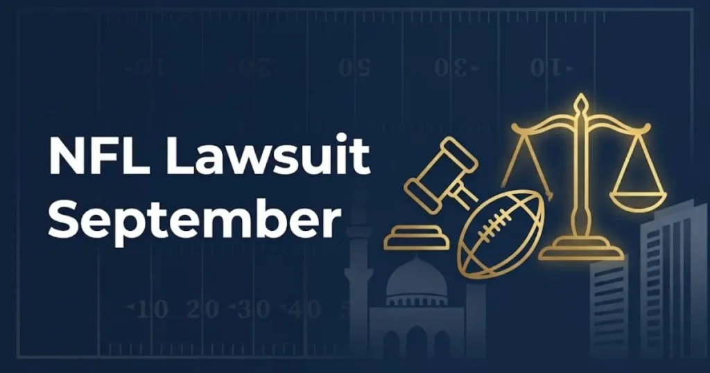NFL Lawsuit September hero banner with legal icons and football silhouette on navy background