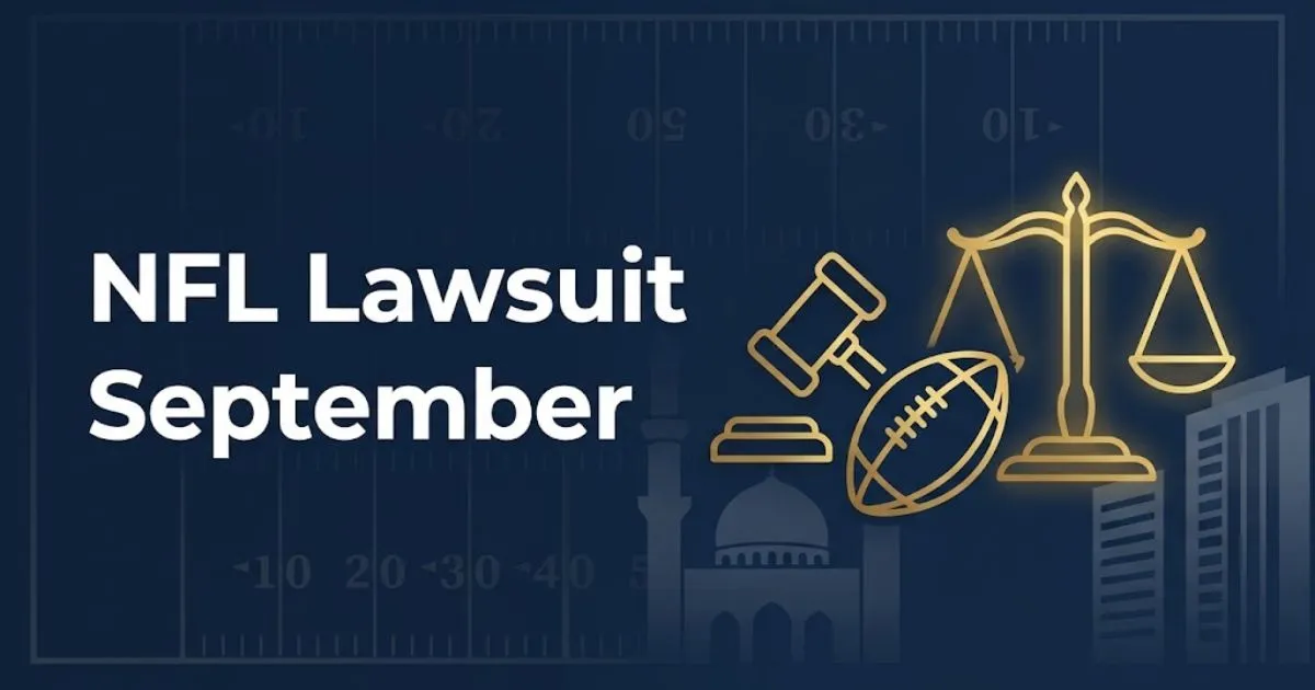 NFL Lawsuit September hero banner with legal icons and football silhouette on navy background
