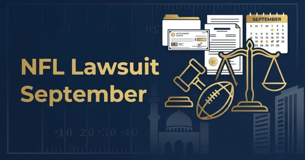 NFL Lawsuit September supporting graphic with settlement documents and calendar icons on navy background