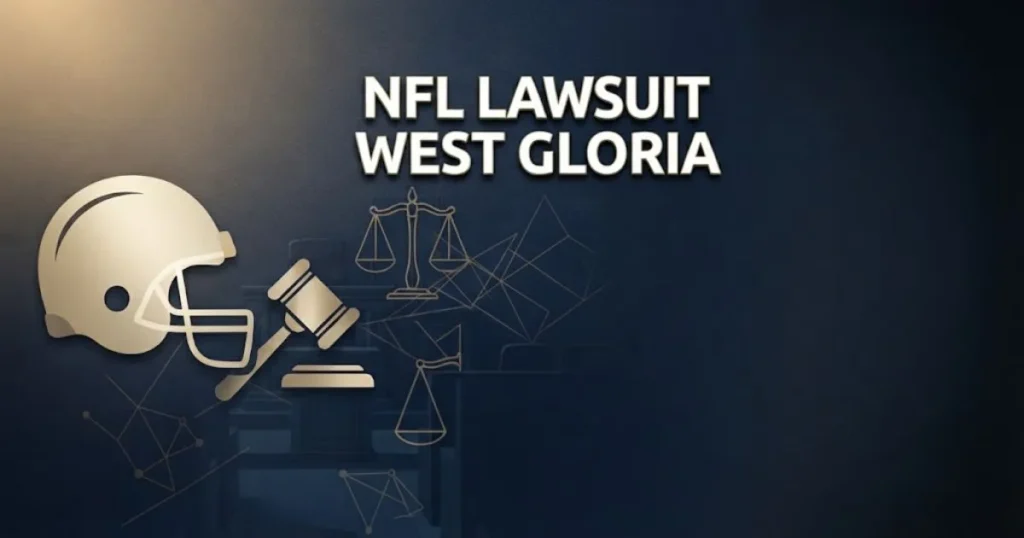 NFL Lawsuit West Gloria hero banner with football helmet and gavel silhouette on navy background