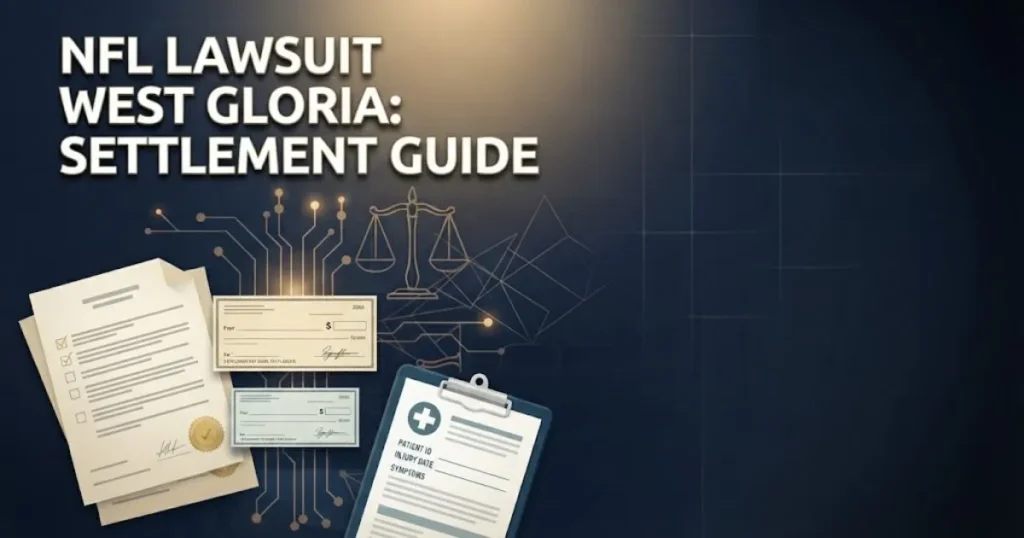NFL Lawsuit West Gloria settlement guide graphic with legal documents and claims process icons