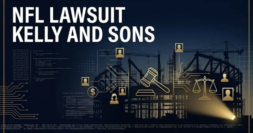 NFL lawsuit Kelly and Sons hero banner with stadium construction silhouette and legal symbols in navy and gold