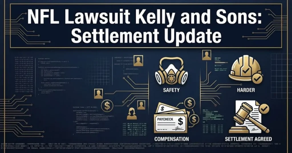 NFL lawsuit Kelly and Sons settlement update graphic with legal documents and worker safety icons in navy and gold