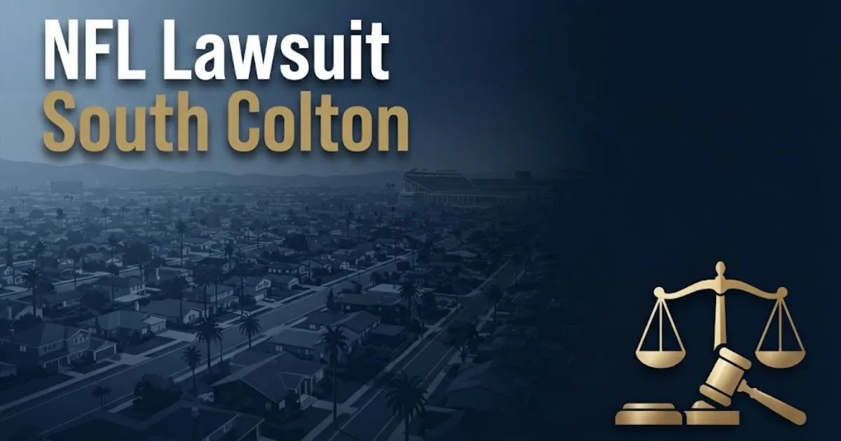 NFL lawsuit South Colton hero banner with legal scales and suburban neighborhood silhouette in navy and gold