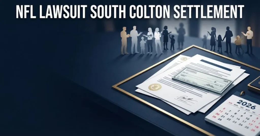 NFL lawsuit South Colton settlement graphic showing legal documents and 2026 calendar in navy and gold