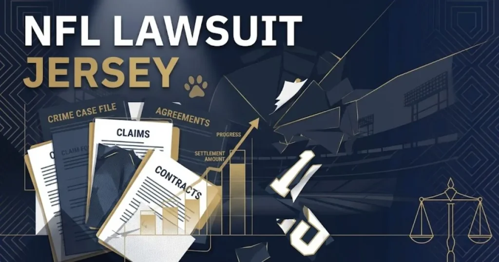 NFL lawsuit jersey hero banner with legal scales and torn jersey graphics on navy background