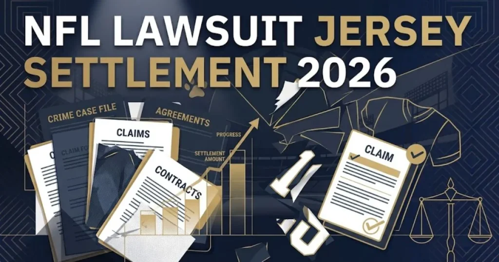 NFL lawsuit jersey settlement 2026 graphic with claim form icons and jersey silhouettes