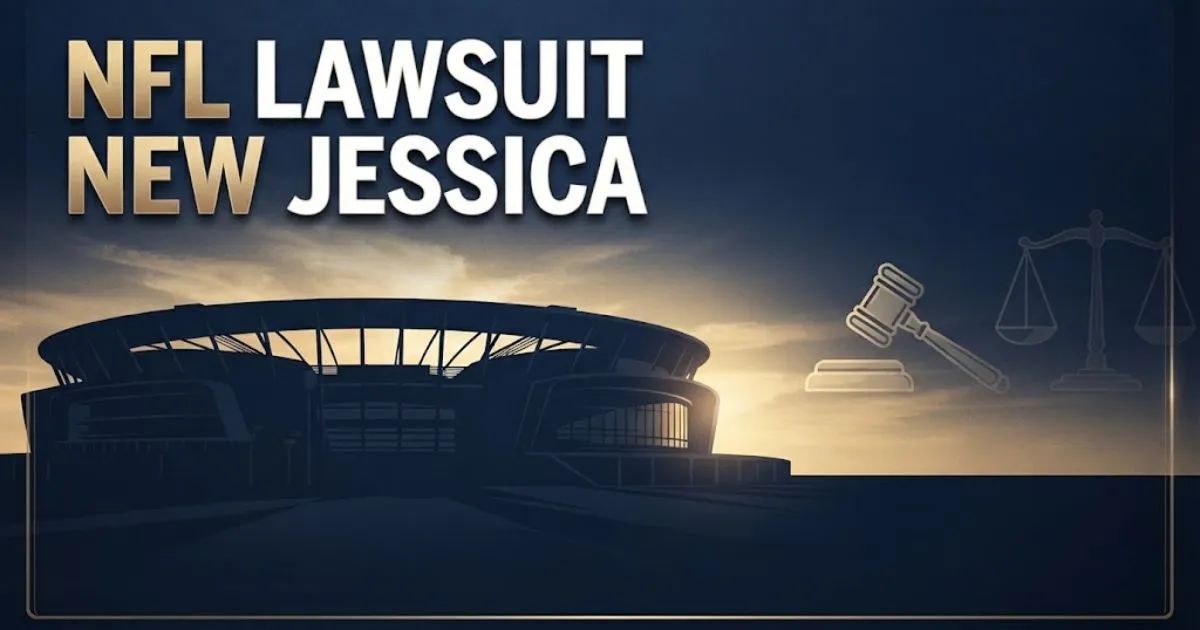 NFL lawsuit new jessica hero banner with stadium silhouette and legal symbols in navy and gold