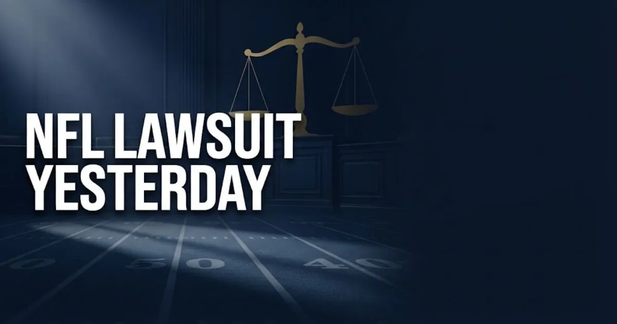 NFL lawsuit yesterday hero banner with football field and scales of justice in navy and gold