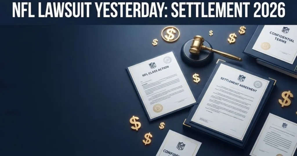 NFL lawsuit yesterday settlement 2026 graphic with legal documents and gavel on navy background