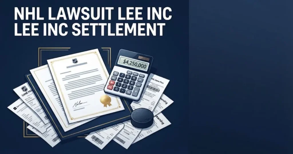 NHL lawsuit Lee Inc settlement graphic showing legal documents and hockey elements in navy and gold