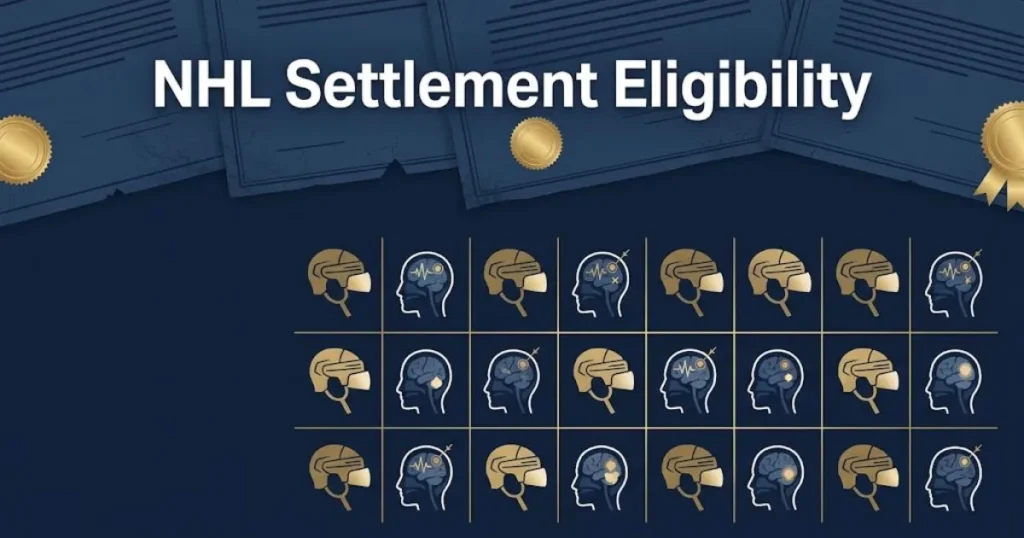 NHL settlement eligibility graphic with courtroom documents and medical icons in navy and gold design