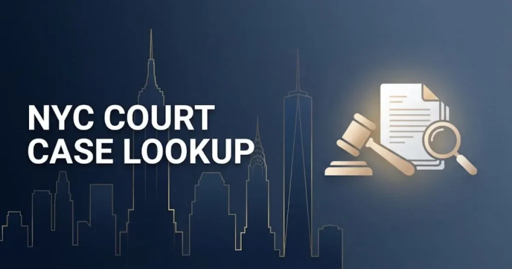 NYC court case lookup hero banner with city skyline silhouette, gavel icon, and gold accents on navy background