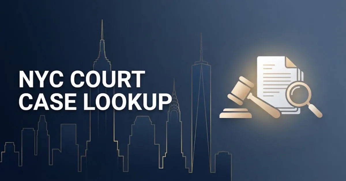 NYC court case lookup hero banner with city skyline silhouette, gavel icon, and gold accents on navy background