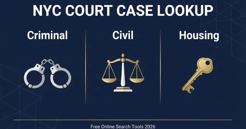 NYC court case lookup infographic showing criminal, civil, and housing court search categories with icons on navy background