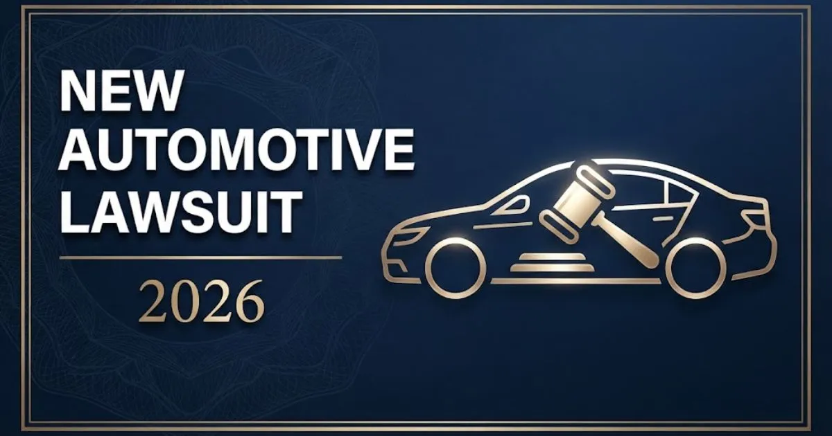 New automotive lawsuit 2026 hero banner with gavel and car silhouette on navy background