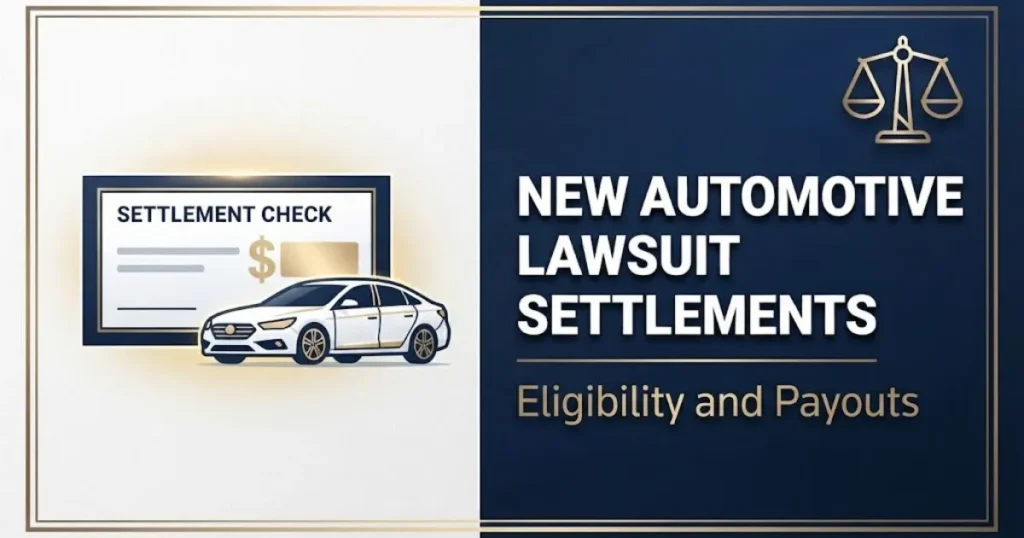 New automotive lawsuit settlements graphic showing eligibility and payout details on navy background