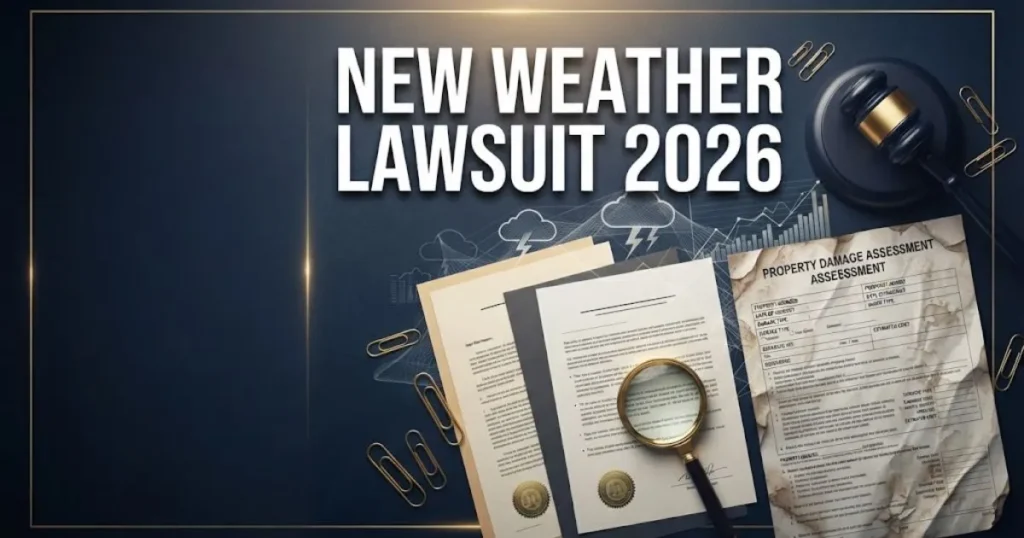 New weather lawsuit 2026 graphic with legal documents, gavel, and storm icons on navy desk with gold accents