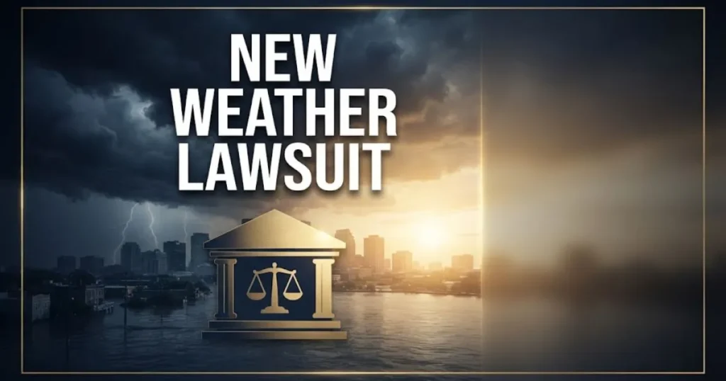 New weather lawsuit banner showing stormy courthouse scene with scales of justice and flood imagery in navy and gold