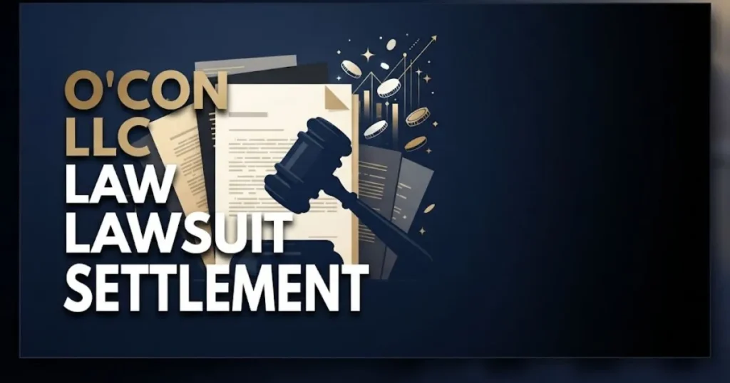 O'Connell LLC Lawsuit settlement graphic with abstract legal documents and gold financial symbols on navy background