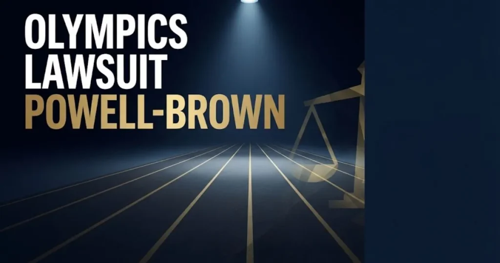 Olympics lawsuit Powell-Brown hero banner with stylized empty Olympic track and legal scales in navy and gold