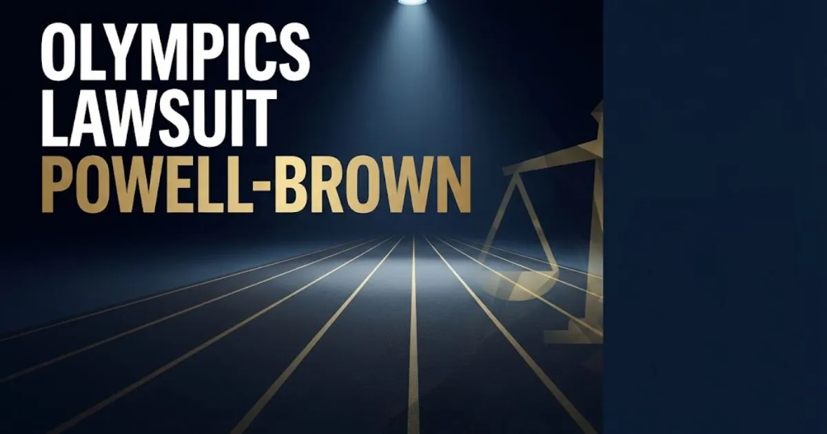 Olympics lawsuit Powell-Brown hero banner with stylized empty Olympic track and legal scales in navy and gold