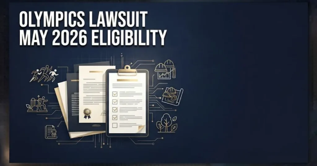 Olympics lawsuit may 2026 eligibility graphic with legal documents and category icons on navy background