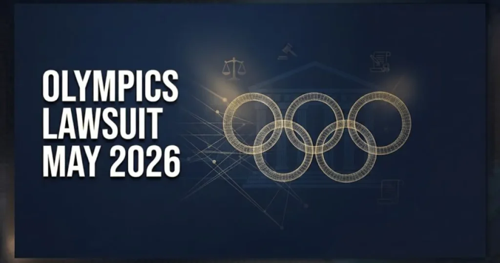 Olympics lawsuit may 2026 hero banner with gold Olympic rings and courthouse silhouette on navy background