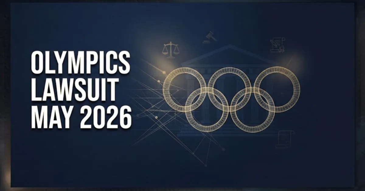 Olympics lawsuit may 2026 hero banner with gold Olympic rings and courthouse silhouette on navy background