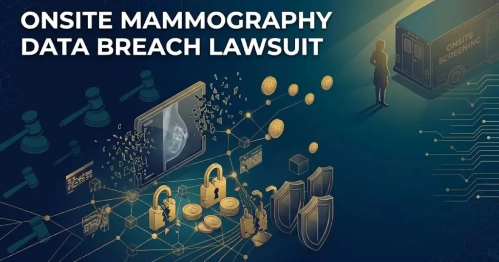 Onsite mammography data breach lawsuit hero banner with medical data breach imagery and legal theme