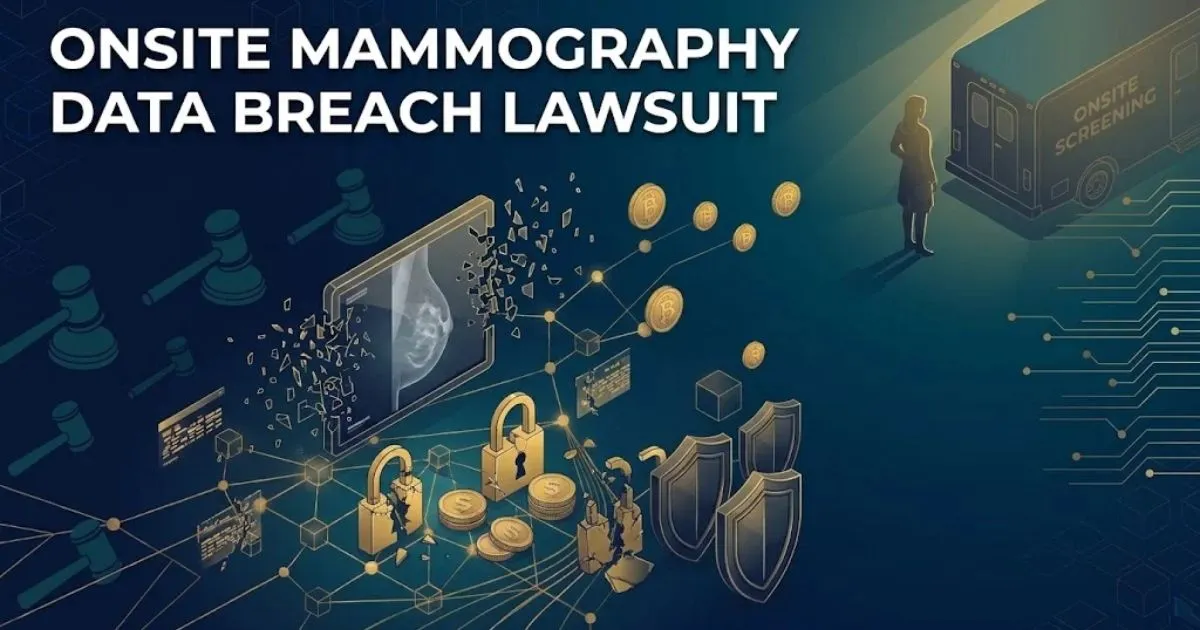 Onsite mammography data breach lawsuit hero banner with medical data breach imagery and legal theme