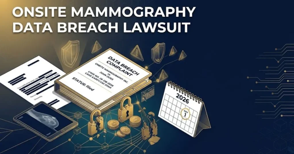 Onsite mammography data breach lawsuit supporting graphic with legal documents and medical records theme