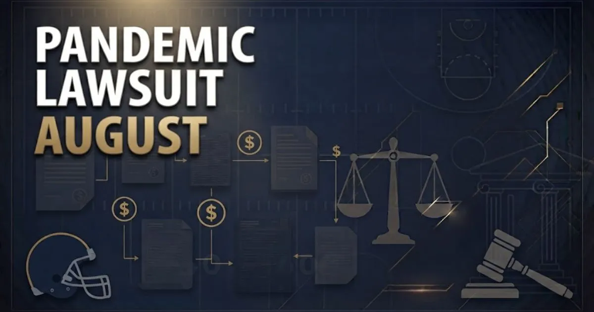 Pandemic Lawsuit August hero banner with navy courthouse columns and gold legal typography on dark background