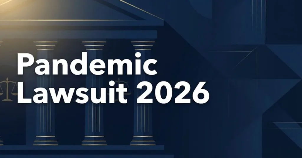 Pandemic lawsuit 2026 hero banner with courthouse graphics and gold legal scales on navy background