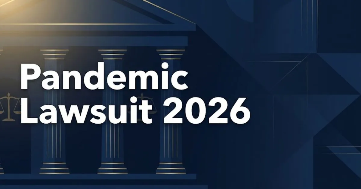 Pandemic lawsuit 2026 hero banner with courthouse graphics and gold legal scales on navy background