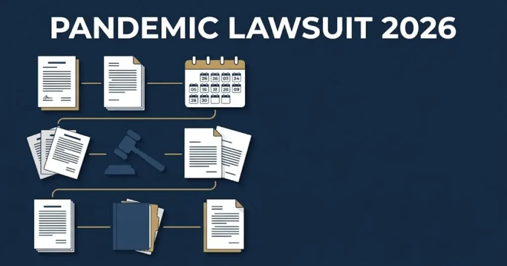 Pandemic lawsuit 2026 supporting graphic with legal documents, gavel icon, and deadline calendar on navy background