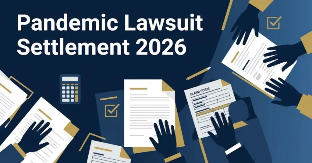 Pandemic lawsuit settlement 2026 graphic with claim forms and eligibility checkmarks on navy background