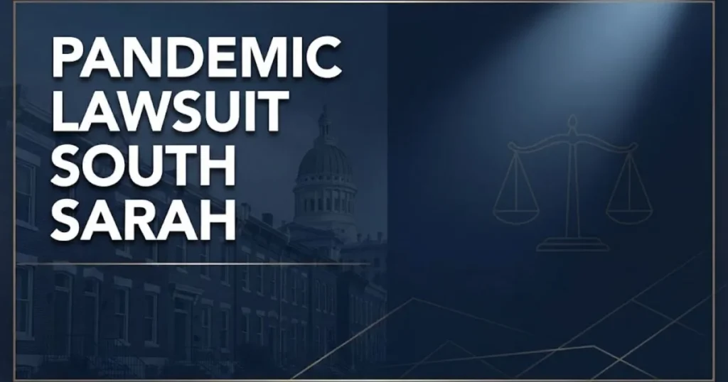 Pandemic lawsuit south sarah hero banner with St. Louis neighborhood silhouette and legal theme in navy and gold