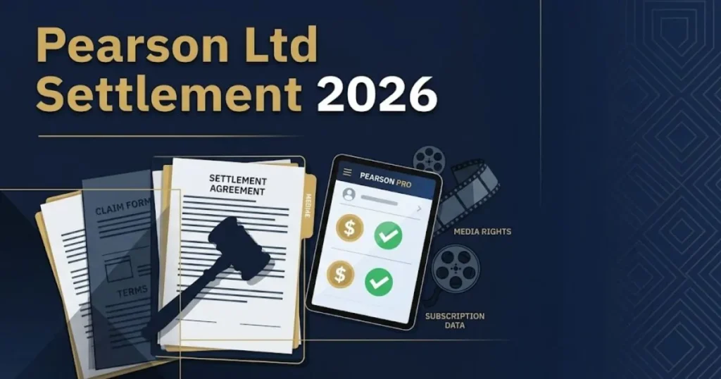 Pearson Ltd settlement 2026 graphic with legal documents and digital subscription icons on navy background