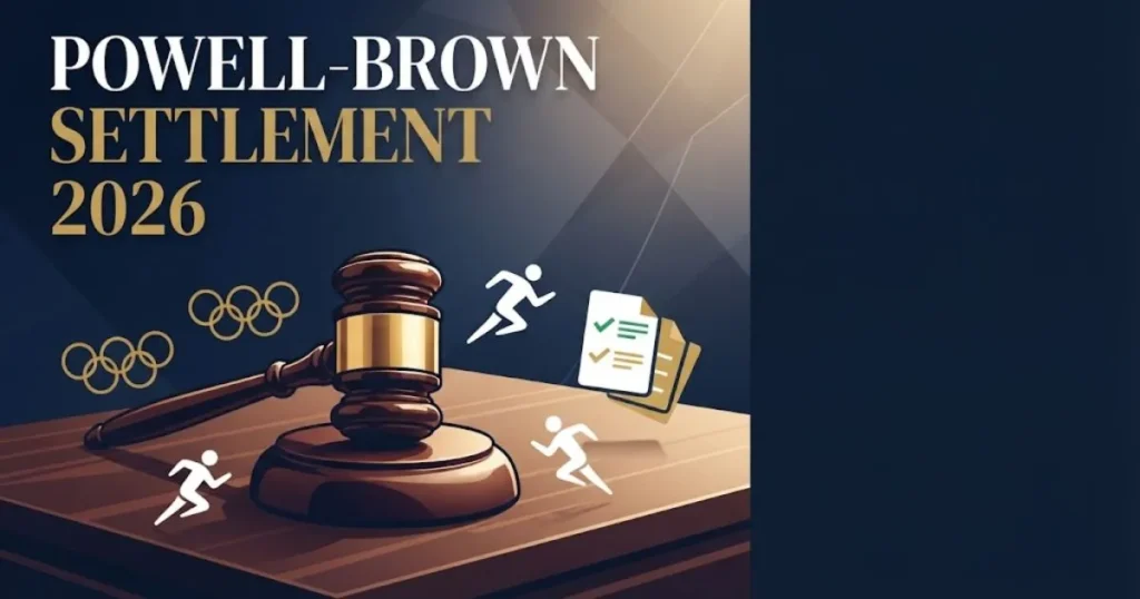 Powell-Brown settlement 2026 supporting graphic with courtroom gavel, Olympic icons, and claim documents in navy and gold