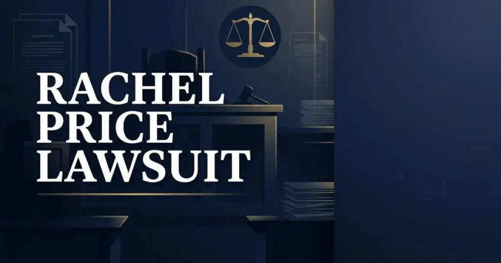 Rachel Price lawsuit 2026 hero banner featuring courtroom silhouettes and legal scales in navy and gold design.