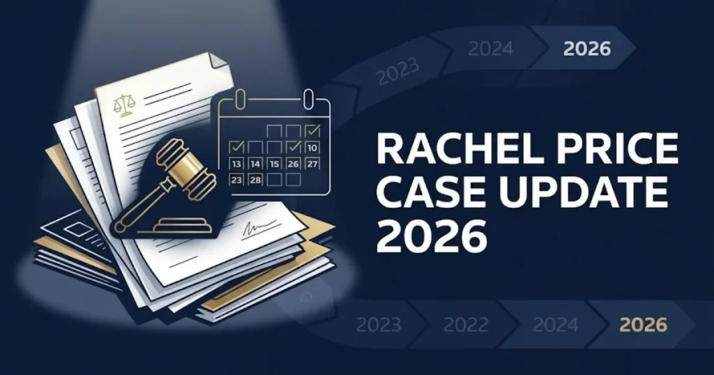 Rachel Price lawsuit case update graphic showing legal documents, gavel, and 2026 timeline in navy and gold.