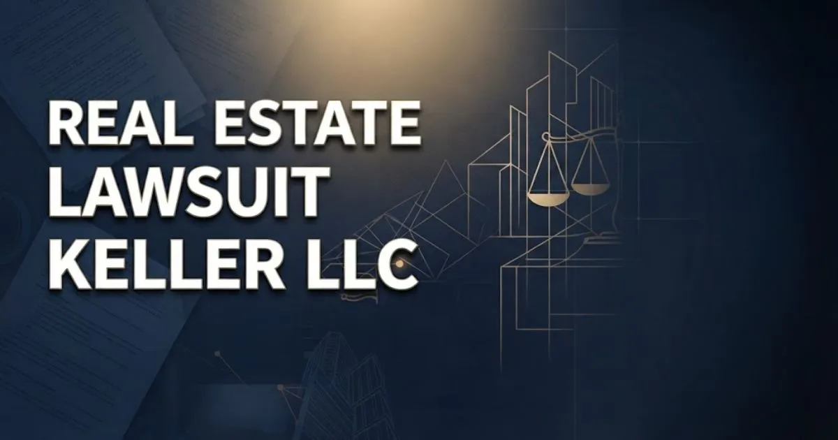 Real estate lawsuit Keller LLC hero banner with navy background, gold legal scales icon, and bold white headline text